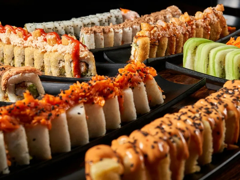 Variety of sushi rolls with toppings at U Sushi & Hibachi, a Japanese Restaurant in Ormond Beach